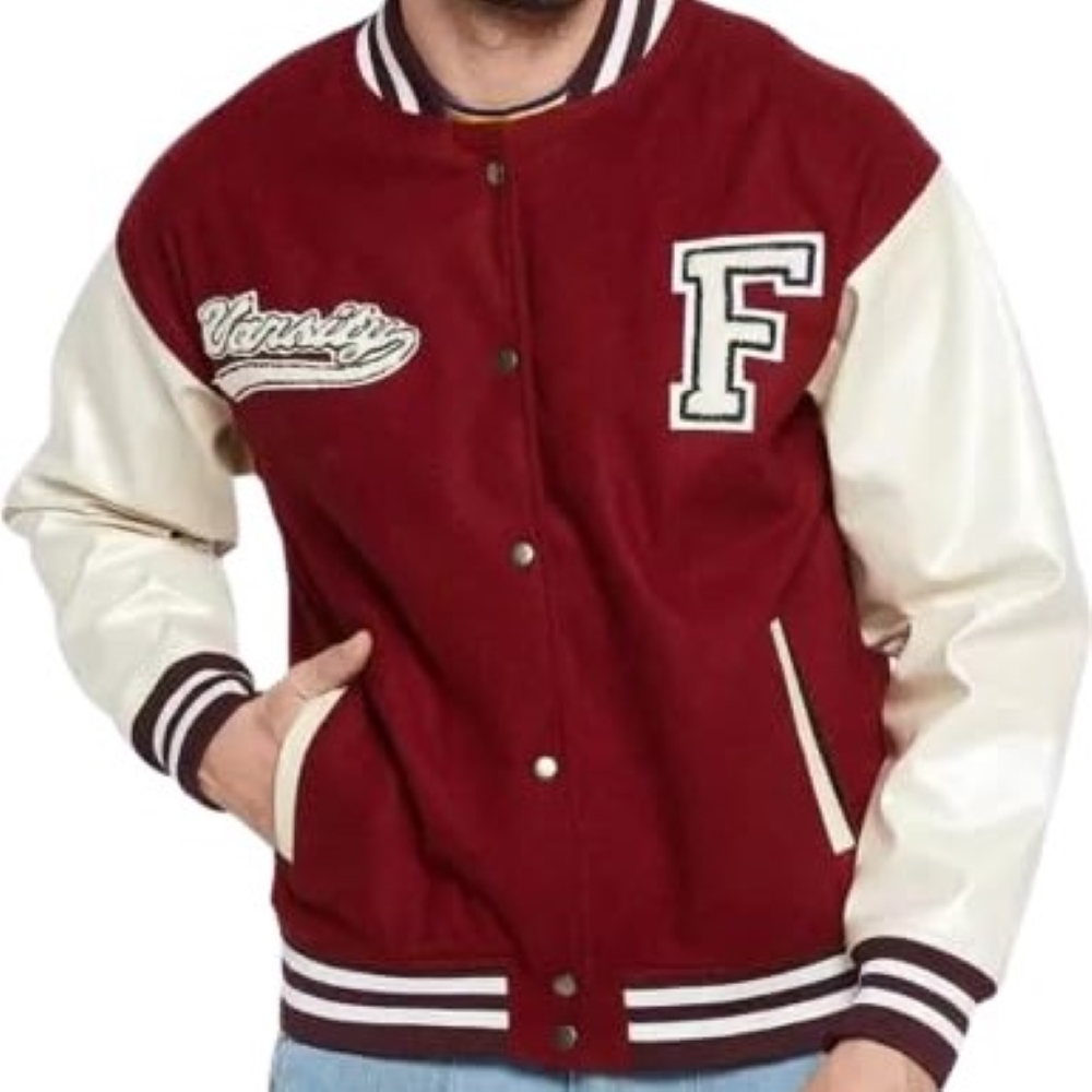 Men’s Burgundy Letterman Jacket Trendy Casual Baseball Jacket