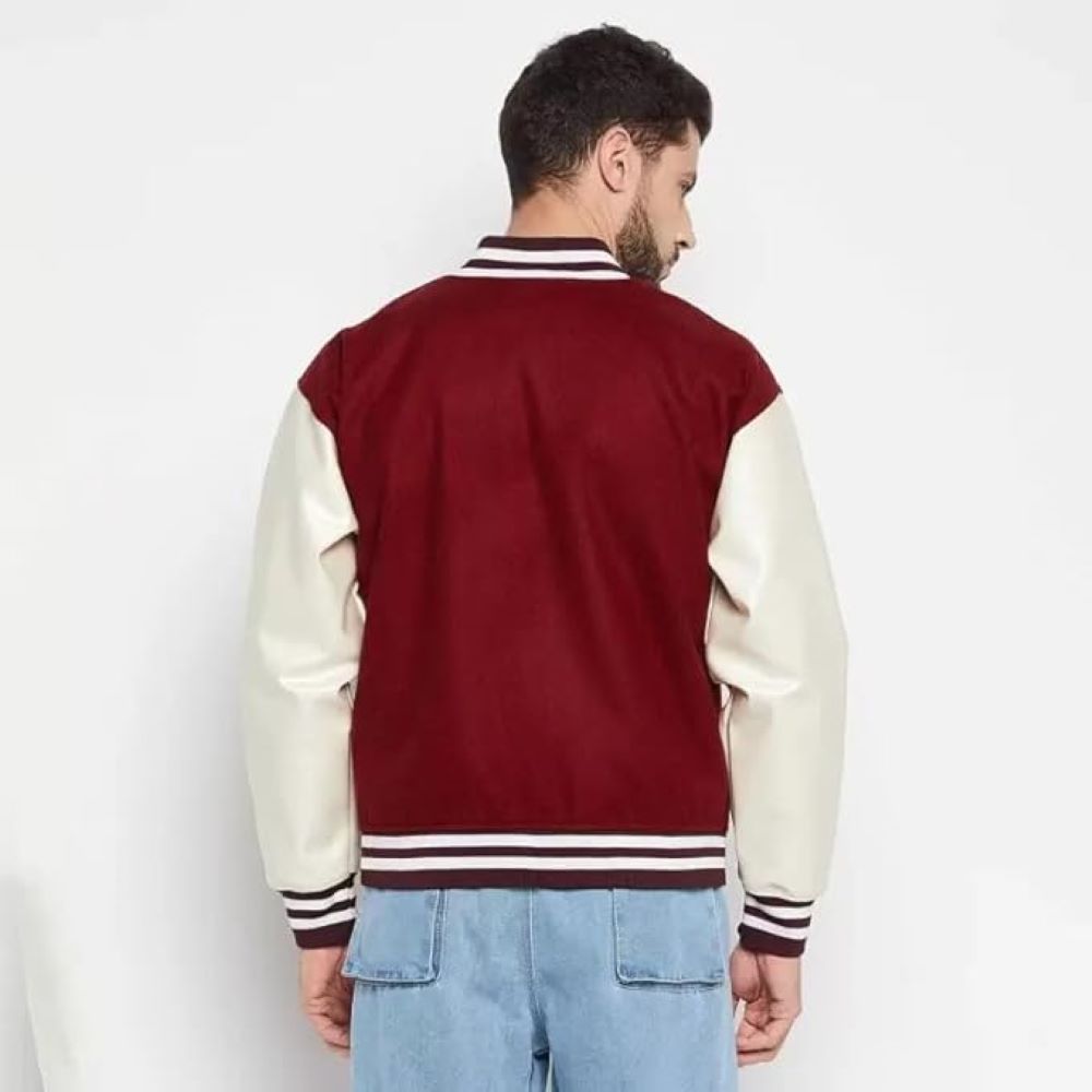 Men’s Burgundy Letterman Jacket Trendy Casual Baseball Jacket