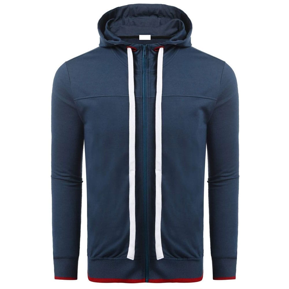 Dark Blue Men's Drawstring Long Sleeve Zip Casual Hoodie