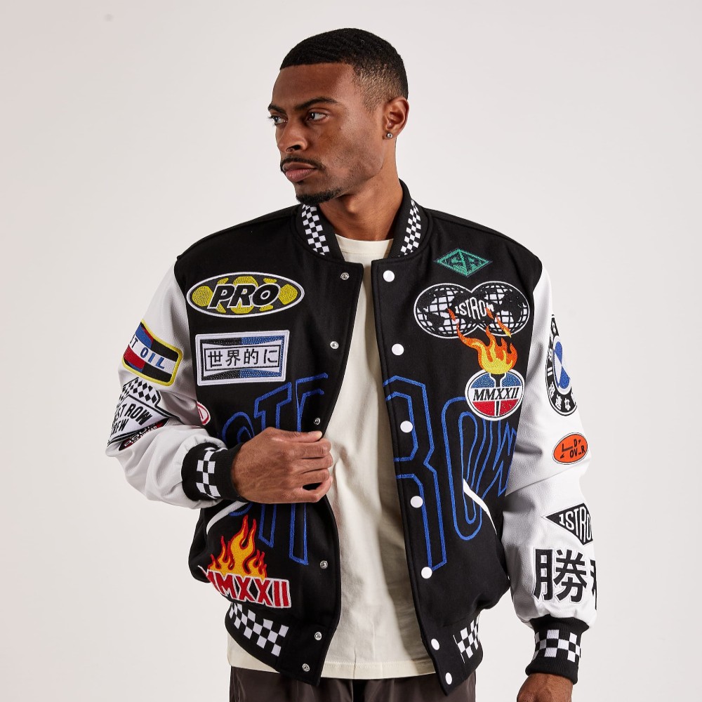 Men’s Black Streetwear Varsity Jacket with Bold Patches